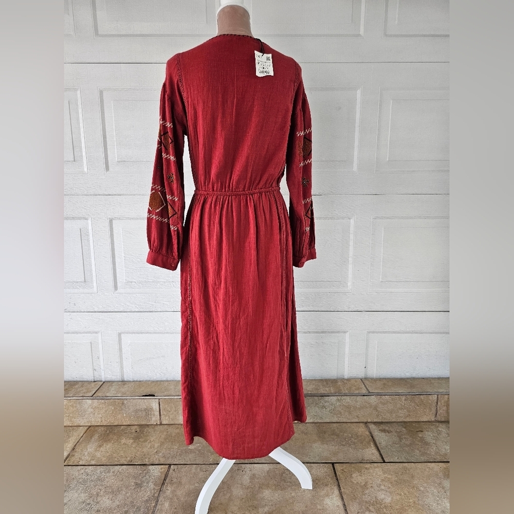 Zara TRF Boho Maxi Dress Red Embroidered Long Sleeve Peasant Ethnic Festival M - Picture 4 of 16